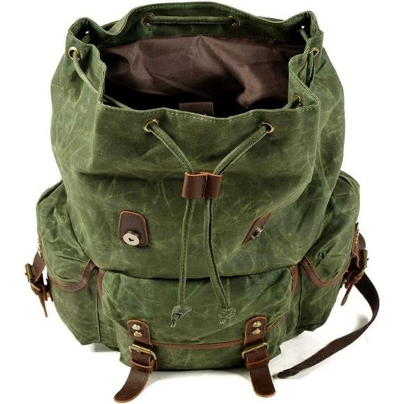 Leather Backpack for Men Waxed Canvas Shoulder Rucksack Carry-On Travel Backpack - Picture 5 of 6